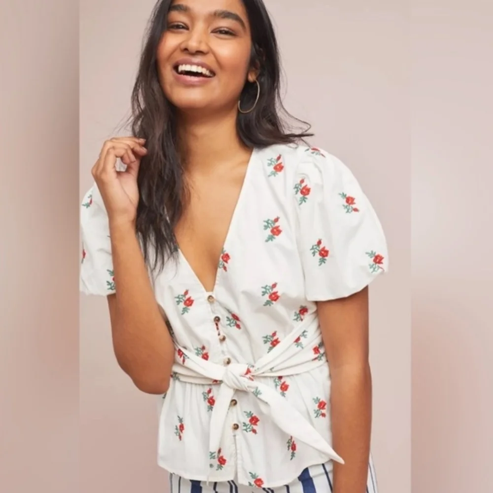 Anthtopologie Maeve Rosalie Embroidered Blouse White Poplin Cotton